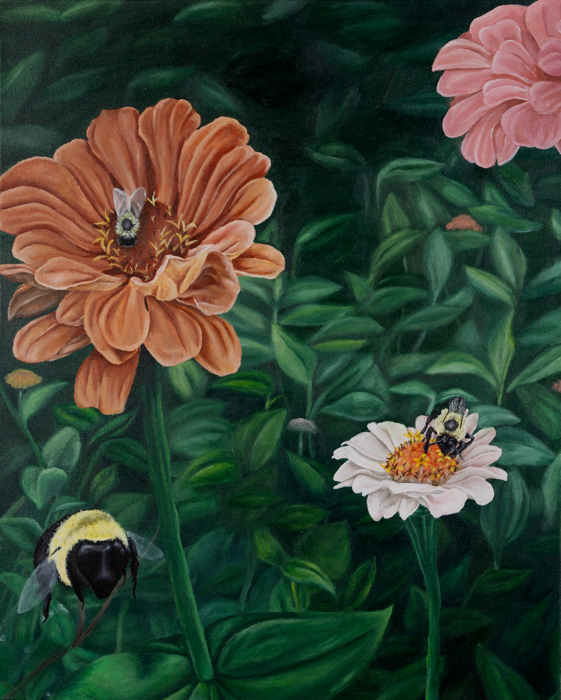 Painting of zinnias and bees