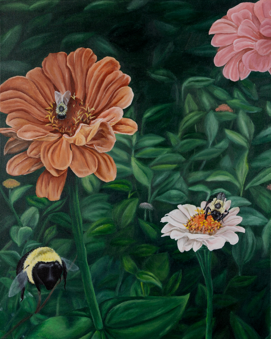 Painting of zinnias and bees
