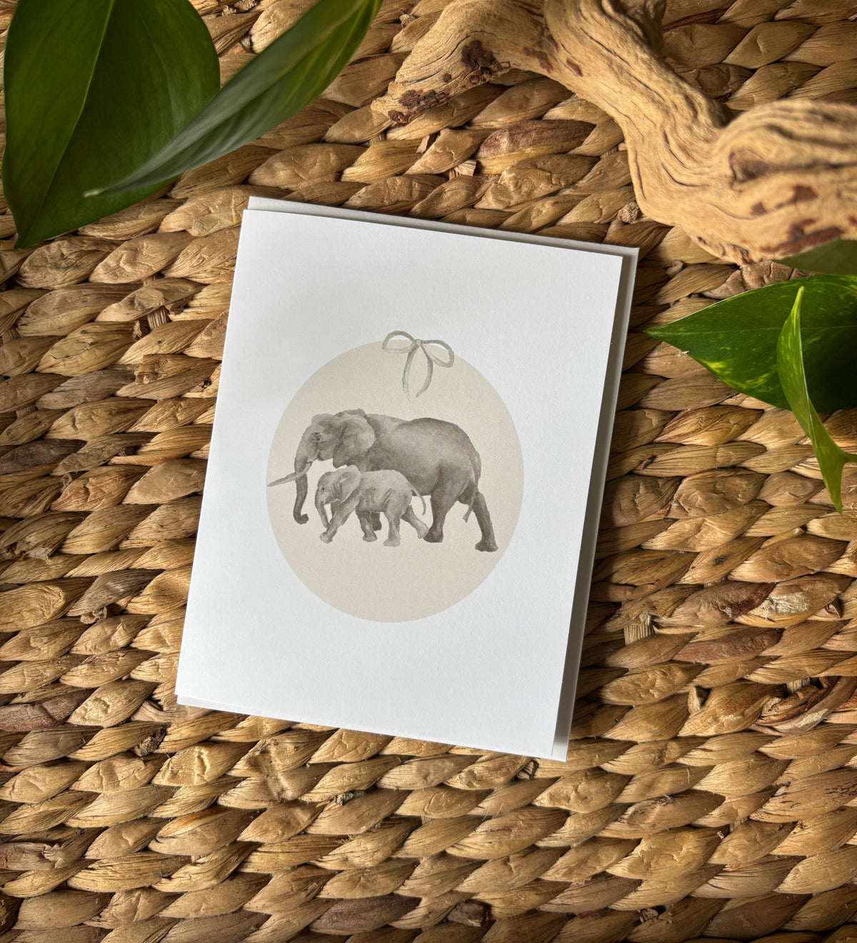 Handpainted Notecard-Baby Elephant with Mama